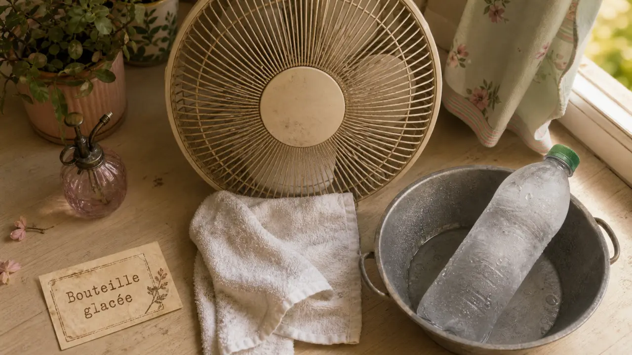 Astuce ventilateur air froid : serviette et bouteille glacée pour rafraîchir l’intérieur sans climatisation