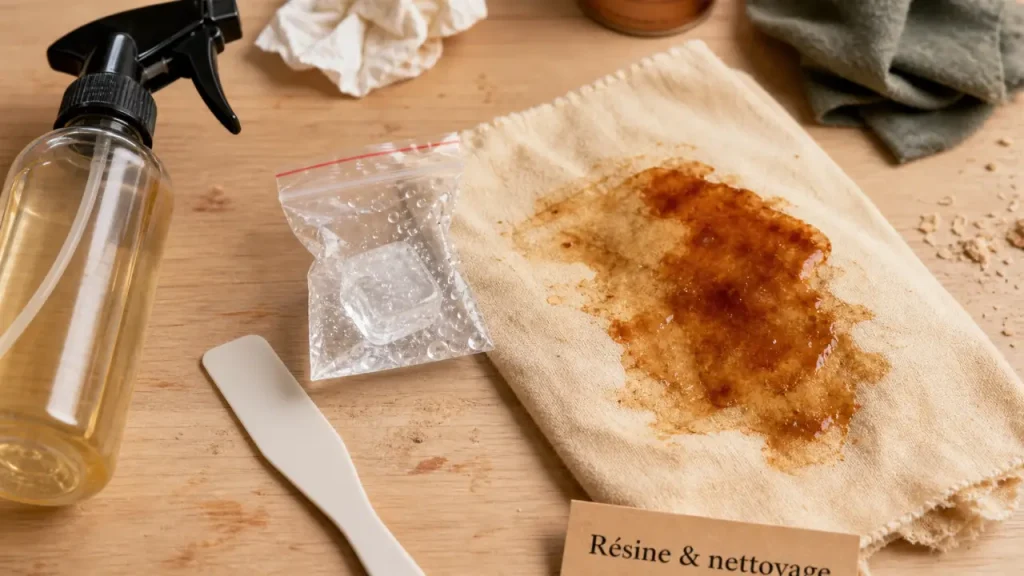 Enlever des taches de résine sur tissu et bois, résidu de résine brune à nettoyer