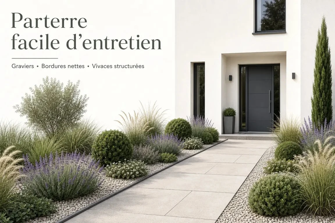 Parterre devant maison avec façade contemporaine, bordure nette, graviers et plantes faciles d’entretien