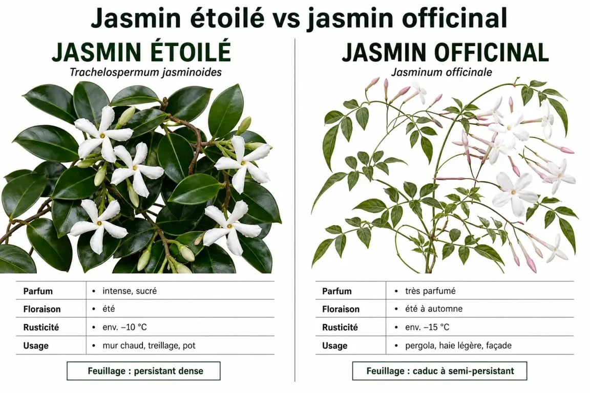 Différence entre jasmin étoilé et jasmin officinal en comparaison visuelle