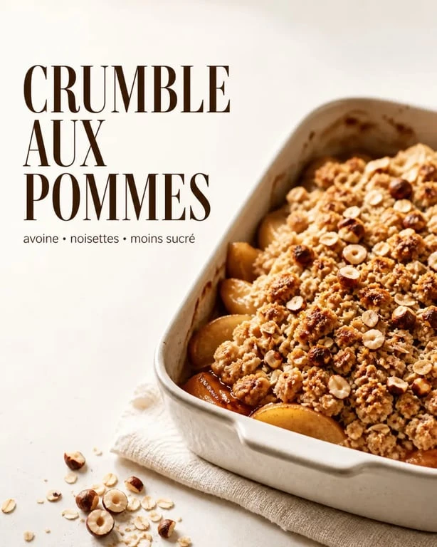 Healthier crumble aux pommes doré et croustillant, présenté dans un plat à gratin