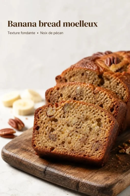 Banana bread ultra moelleux tranché sur une planche en bois, recette gourmande et facile.