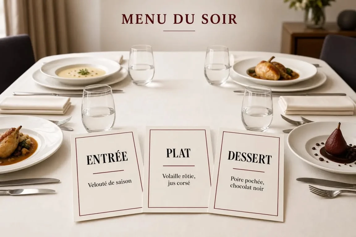 Menu un diner presque parfait : table dressée élégante avec trois idées de menu pour entrée, plat et dessert