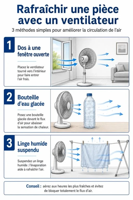 Infographie illustrant les astuces pour transformer un ventilateur en climatiseur maison avec linge humide et bouteille glacée