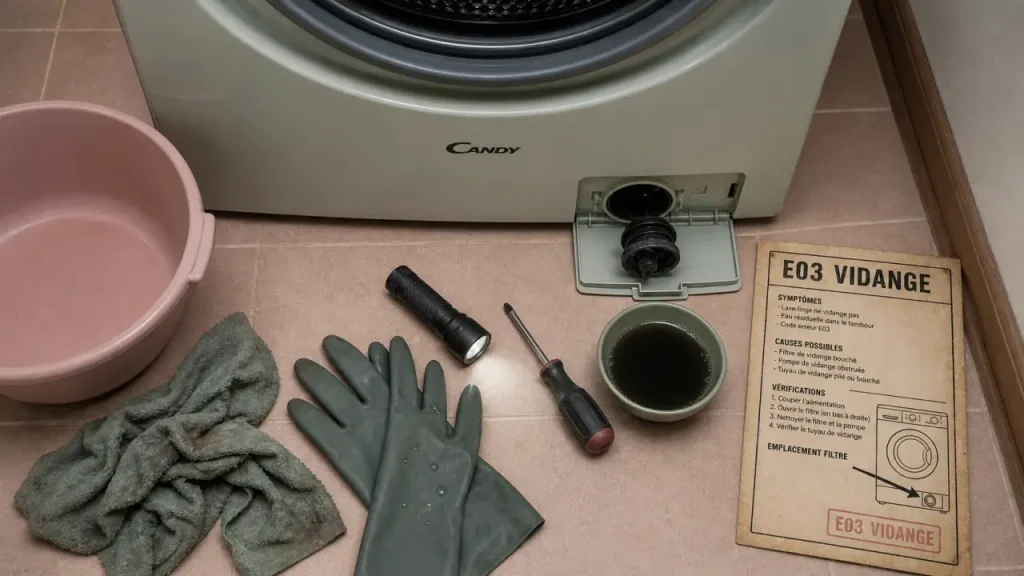 Erreur e03 lave linge candy : vérifier vidange, pompe, pressostat