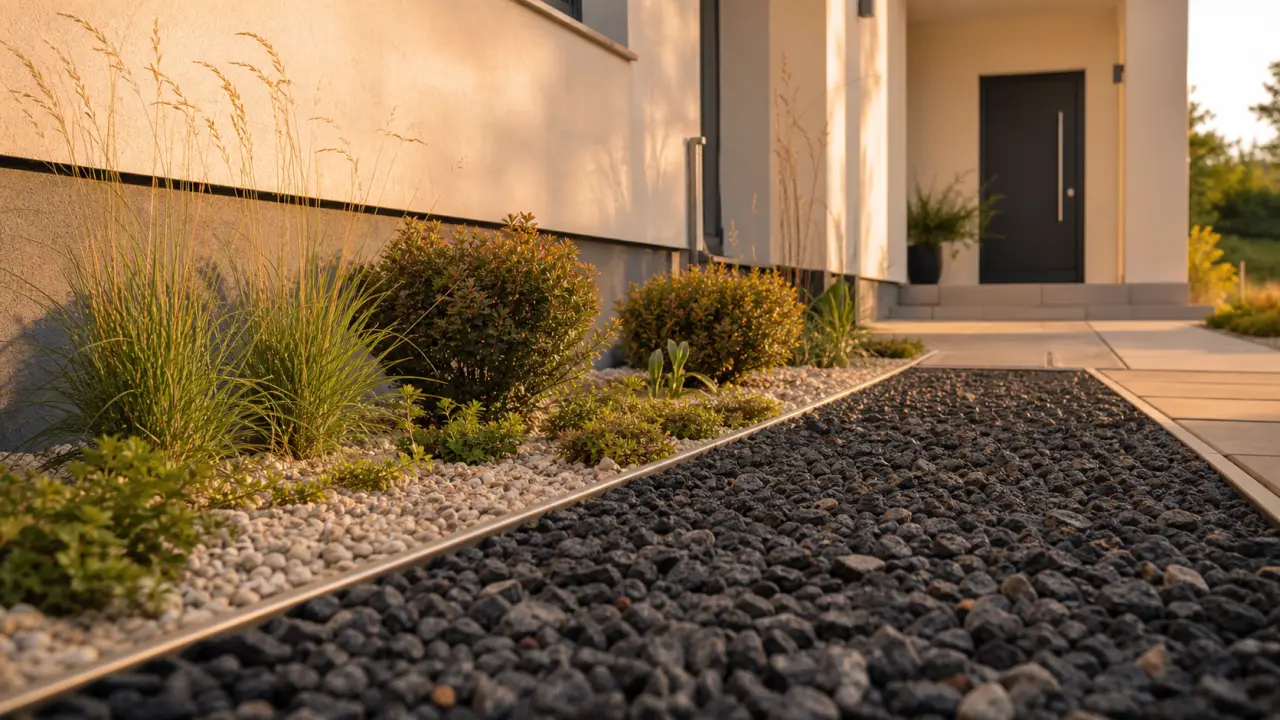 Parterre devant maison : bande de propreté en pouzzolane bordée de plantes faciles