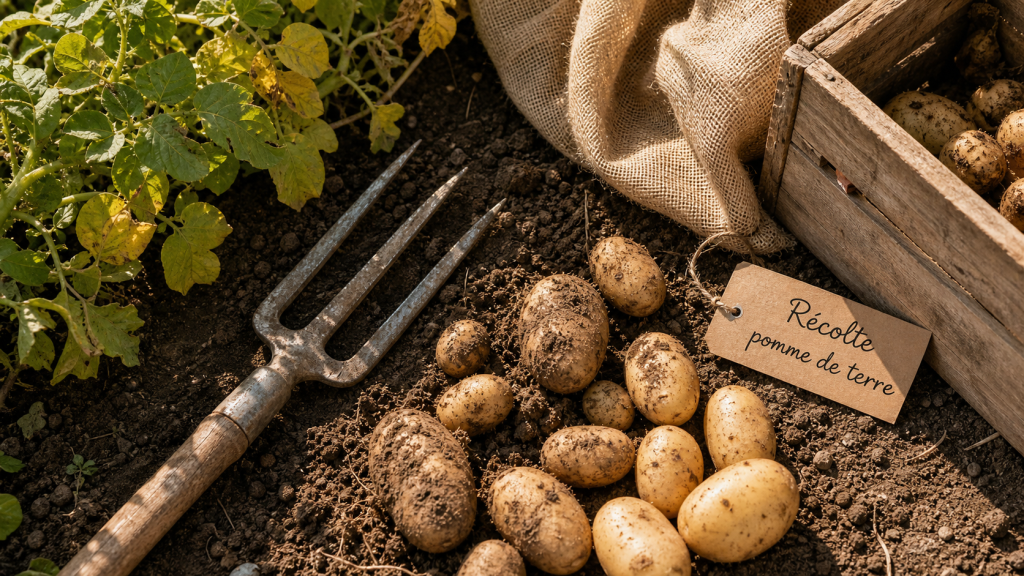Quand recolter les pomme de terre : feuillage fané et pommes de terre récoltées
