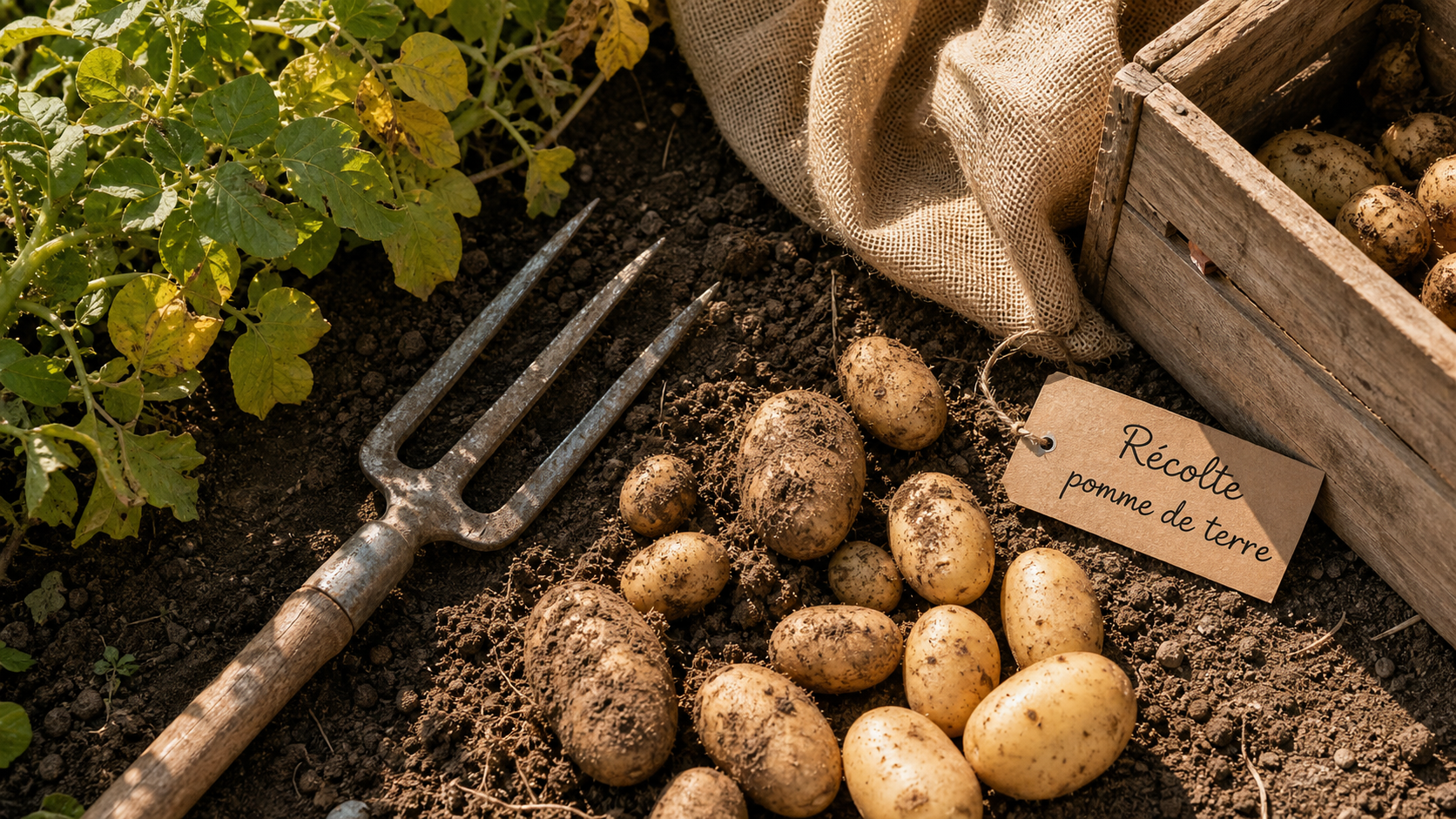 Quand recolter les pomme de terre : feuillage fané et pommes de terre récoltées