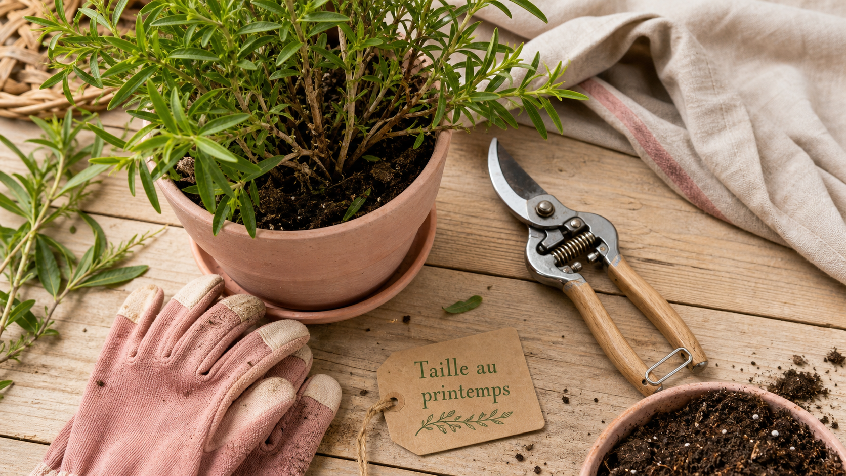 Quand tailler la verveine au printemps : taille au sécateur sur table