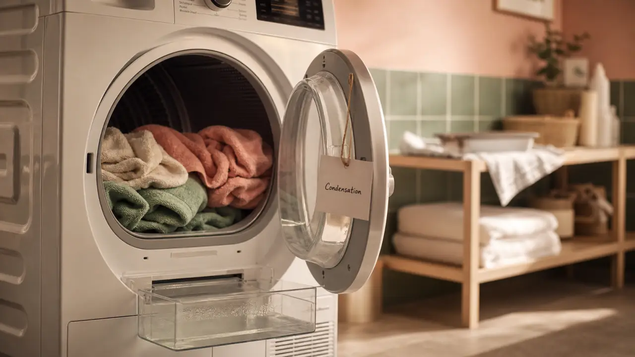 Seche linge condensation c’est quoi : bac d’eau près du panneau, 80°C et linge dans le tambour
