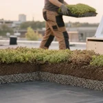 Vegetaliser toit : membrane anti-racines et substrat sur toiture plate en chantier