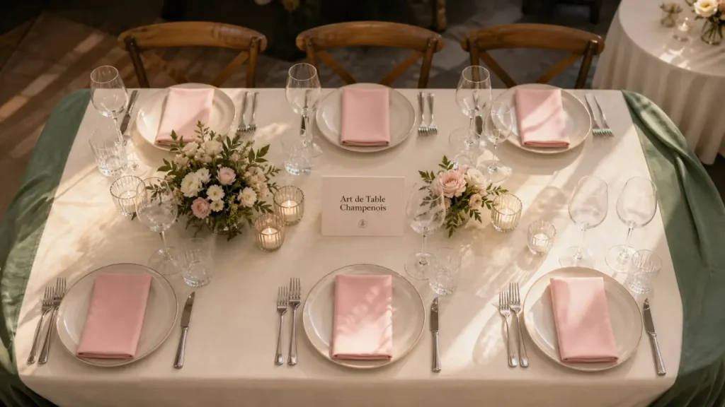 Art de table champenois à Reims : nappage et vaisselle de réception, vue de dessus