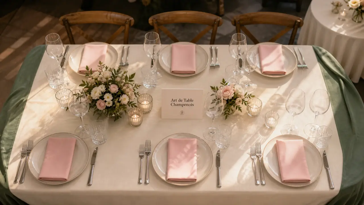 Art de table champenois à Reims : nappage et vaisselle de réception, vue de dessus