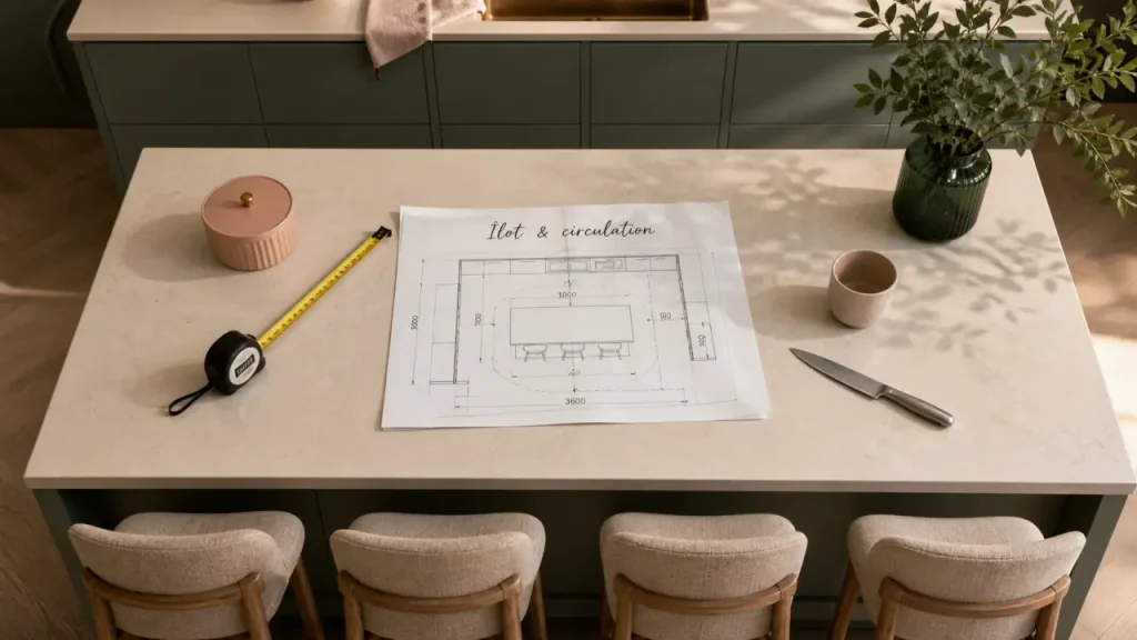 Cuisine équipée avec ilot : circulation fluide et rangements utiles