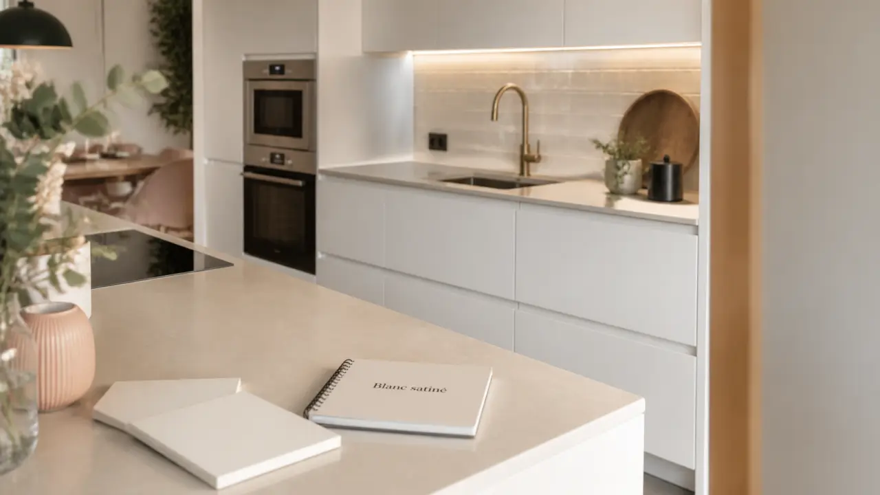 Cuisine équipée blanche lumineuse : plans de travail beige et détails satinés