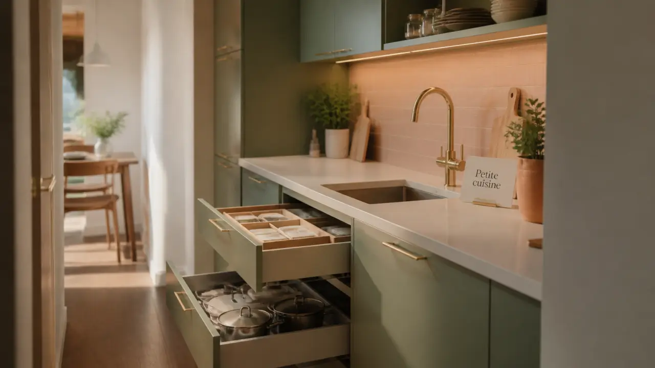 Cuisine équipée petit espace avec rangements utiles et circulation libre