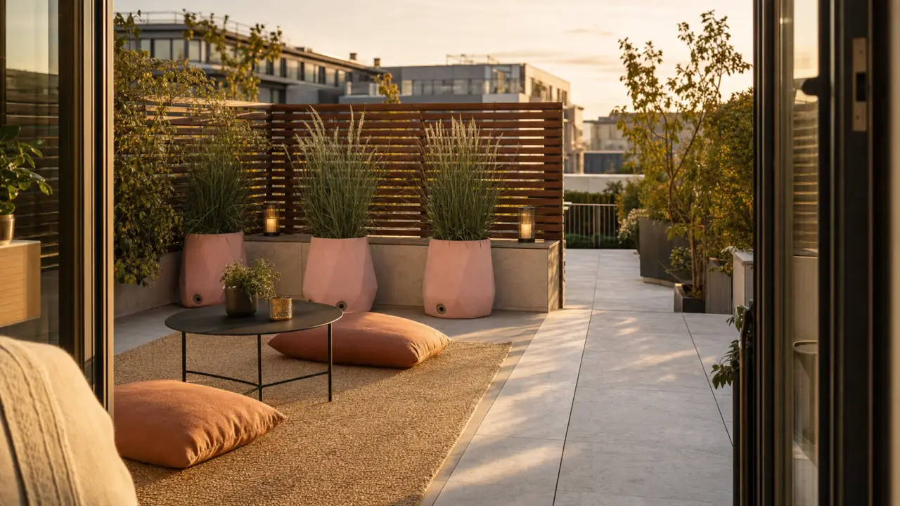Déco pour terrasse : tapis extérieur beige, jardinières rose poudré, lanternes solaires
