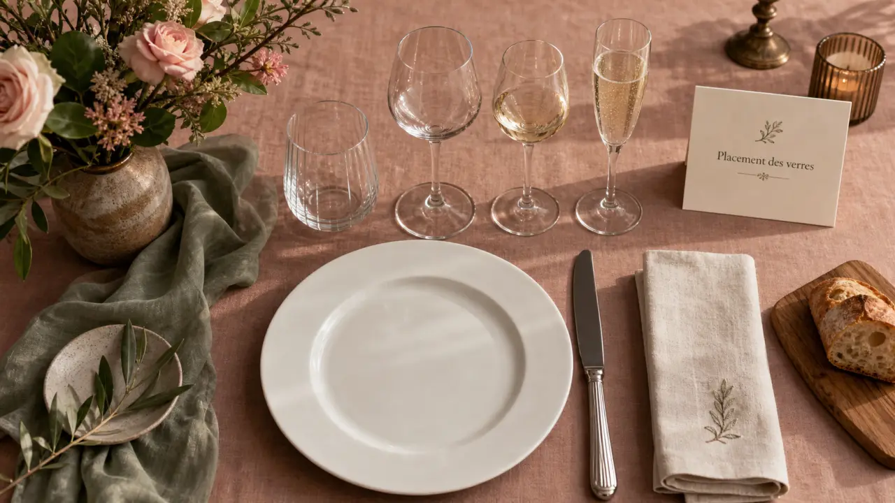 Dressage table verre : verres eau vin champagne alignés