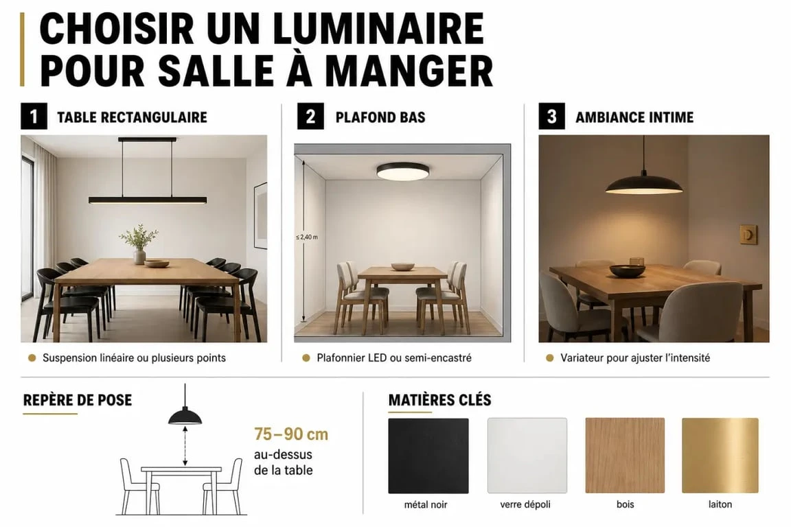 Luminaire pour salle à manger : synthèse visuelle des choix selon la hauteur sous plafond, la forme de la table et l’ambiance recherchée