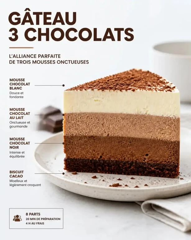 Gâteau 3 chocolats avec ses trois strates distinctes, prêt à être dégusté.