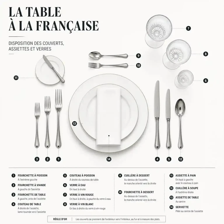 Schéma de dressage d'une table à la française avec couverts et verres