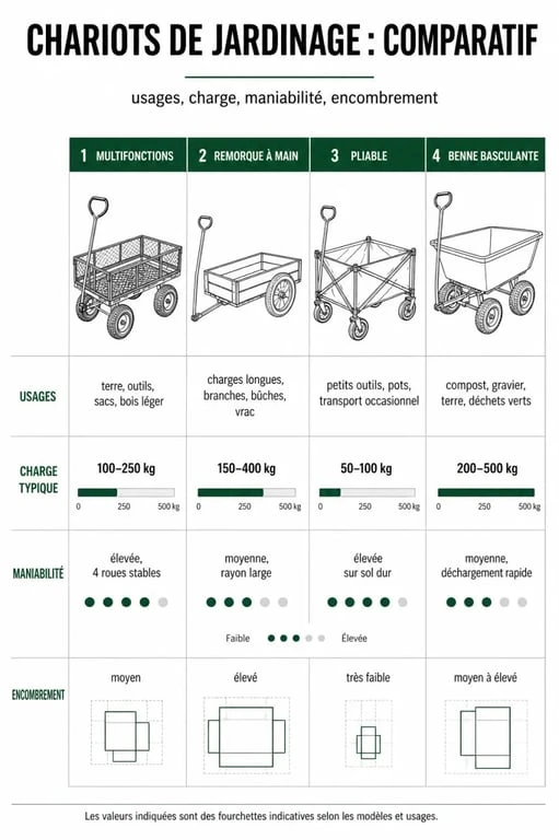Chariots de jardinage : infographie comparative des types, charges et usages