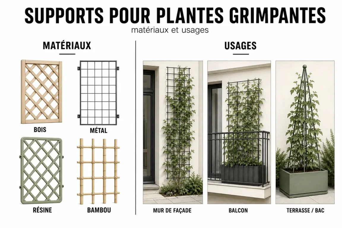 Treillis plantes grimpantes : comparaison visuelle des matériaux et des usages pour mur, balcon et terrasse