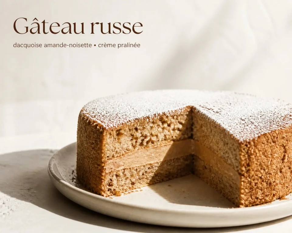 Recette gâteau russe facile servi en part, avec dacquoise et crème pralinée poudrée de sucre glace