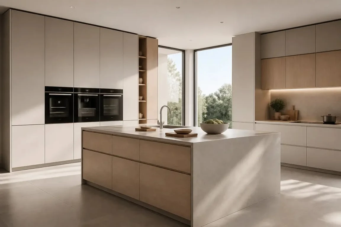 Cuisine équipée avec ilot central dans un intérieur moderne et lumineux