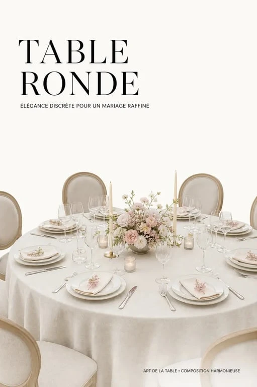 Idée deco table ronde mariage : table ronde élégante avec centre de table bas, fleurs et bougies