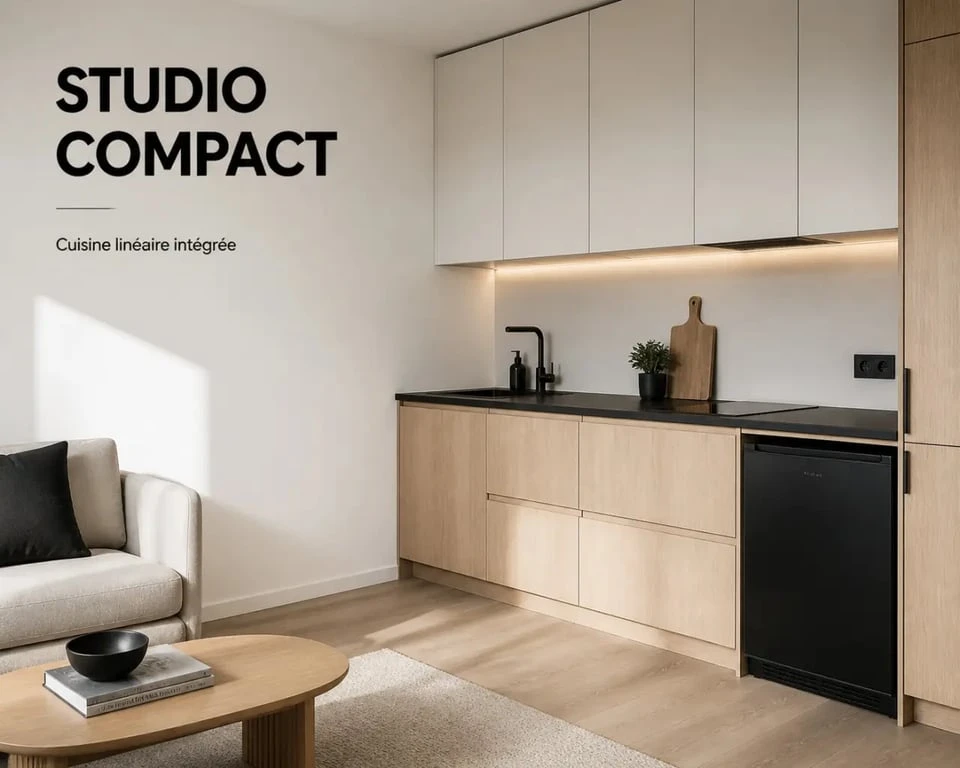 Petite cuisine équipée pour studio avec plan de travail dégagé et rangements compacts