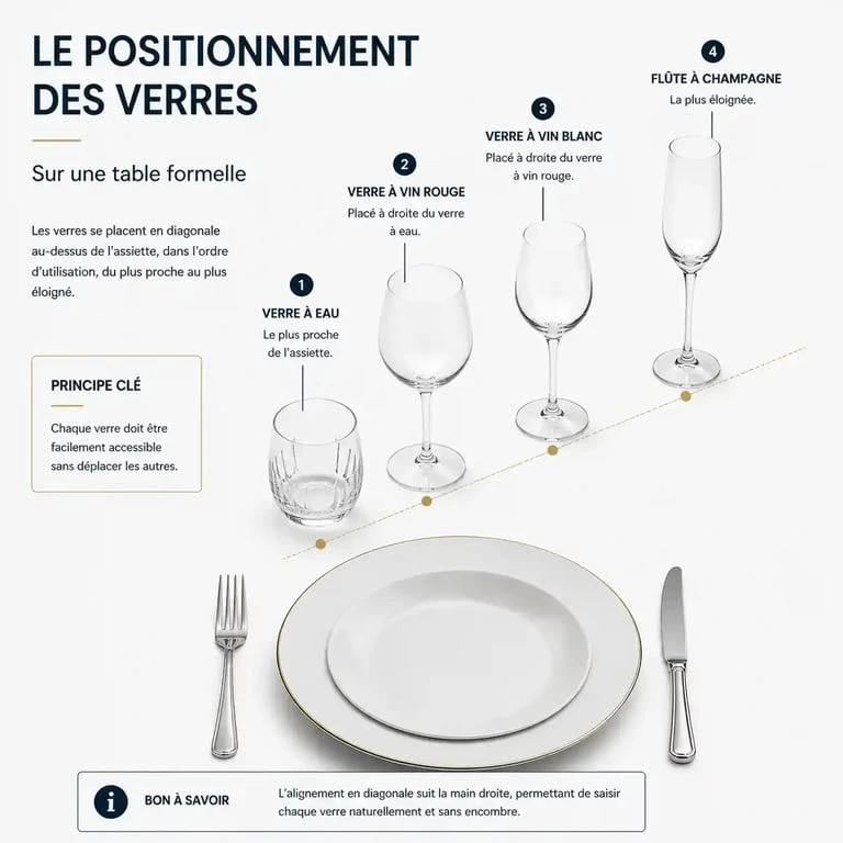 Schéma de positionnement des verres sur une table formelle selon les règles de l'art de la table