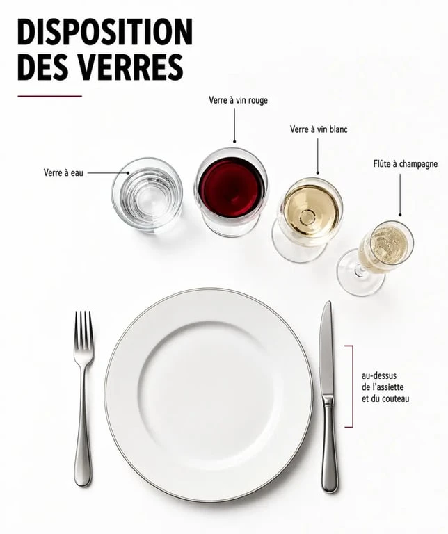 Dressage table verre : schéma visuel du placement des verres au-dessus de l’assiette pour un dîner élégant