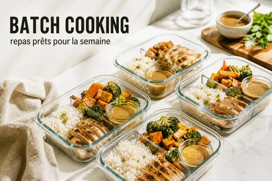 Recettes batch cooking préparées dans des boîtes hermétiques sur une table de cuisine