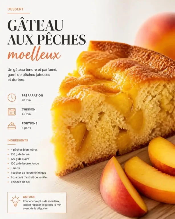 Gâteau aux pêches moelleux et gourmand servi sur une assiette