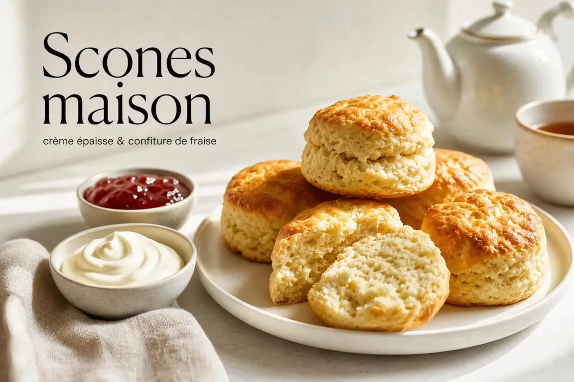 Recette scones anglais servis tièdes avec crème et confiture de fraise