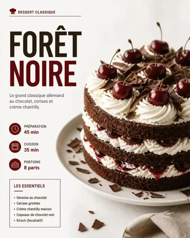 Recette gâteau forêt noire facile présentée en part généreuse sur assiette blanche