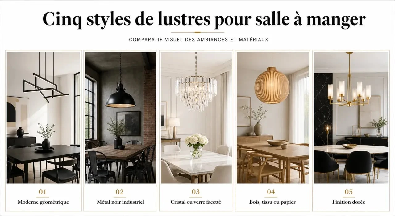 Lustres salle à manger comparés selon cinq styles décoratifs et ambiances