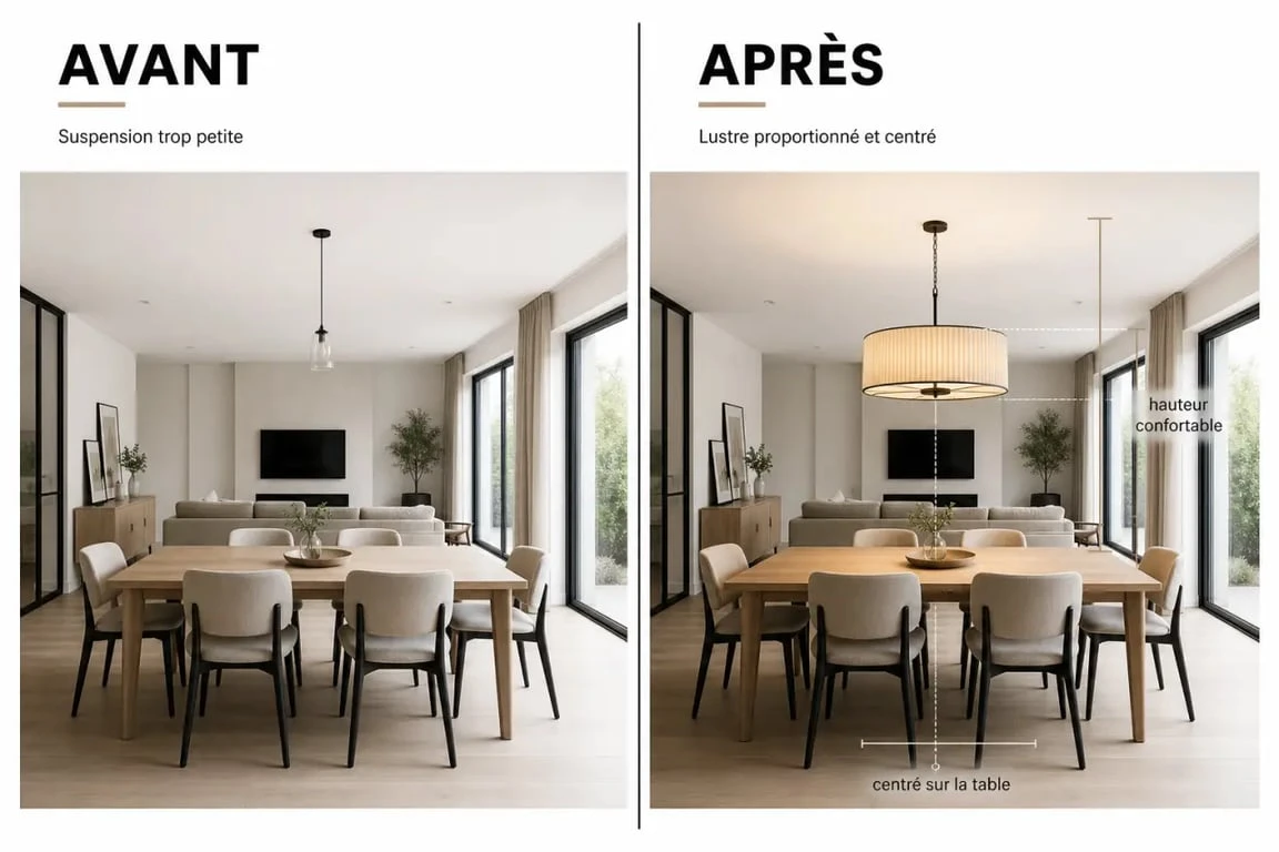 Lustres salle à manger en avant/après dans une pièce, avec comparaison de proportion et d’effet décoratif
