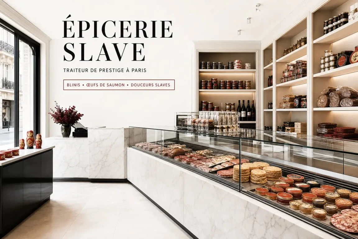 Epicerie et traiteur prestige : intérieur élégant d’une boutique russe haut de gamme à Paris