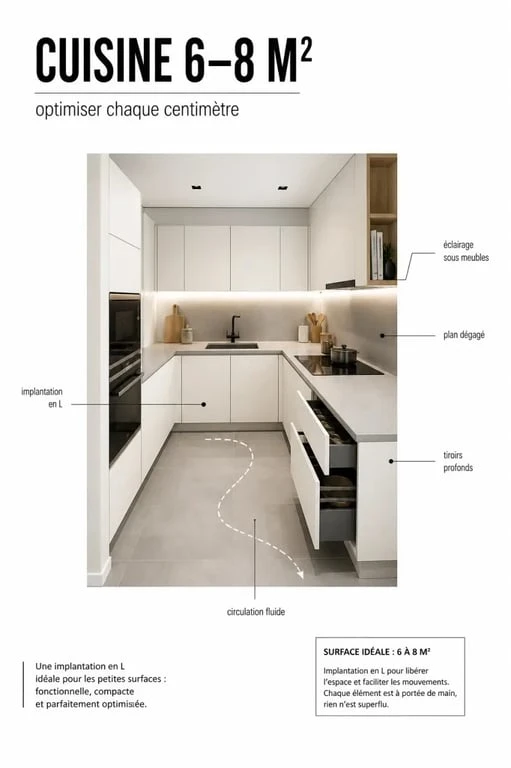 Cuisine équipée petit espace dans une petite pièce lumineuse avec implantation compacte et rangements optimisés