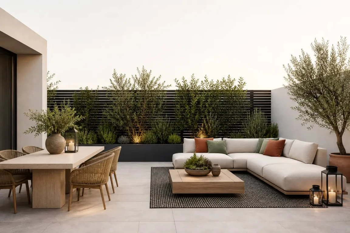 Déco pour terrasse contemporaine avec plantes, lanternes et mobilier sobre