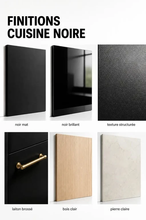 Détails de finitions pour une cuisine équipée noir avec mat, brillant et bois