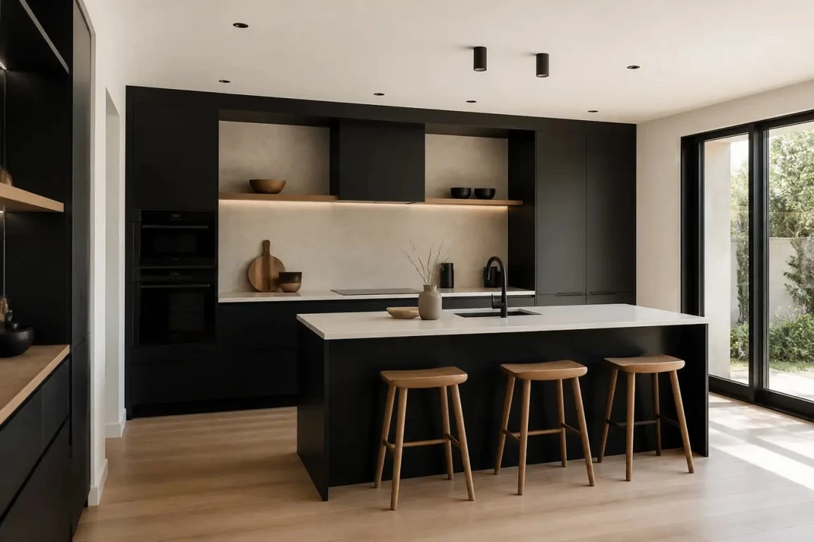 Cuisine équipée noir contemporaine avec bois clair et lumière naturelle