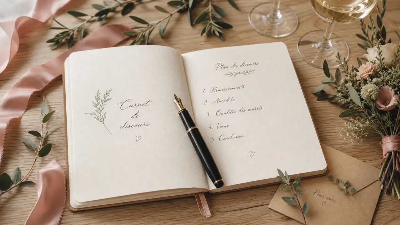 Exemple discours mariage émouvant : carnet et toast, ruban et verres à vin d’honneur