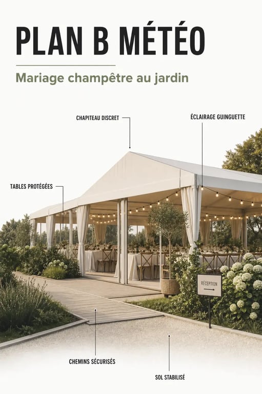 Organiser une réception de mariage champêtre dans son jardin avec chapiteau et éclairage pour plan B météo