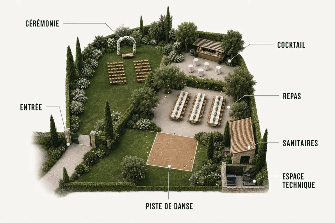 Organiser une réception de mariage champêtre dans son jardin avec zonage des espaces de cérémonie, cocktail, repas et danse