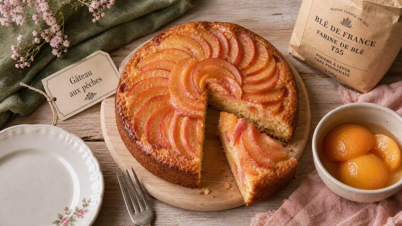 Gateau a la peche moelleux avec tranches de peches, vue de dessus