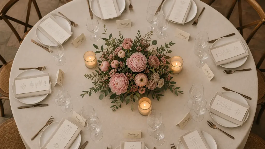 Idée déco table ronde mariage : centre bas fleurs et bougies
