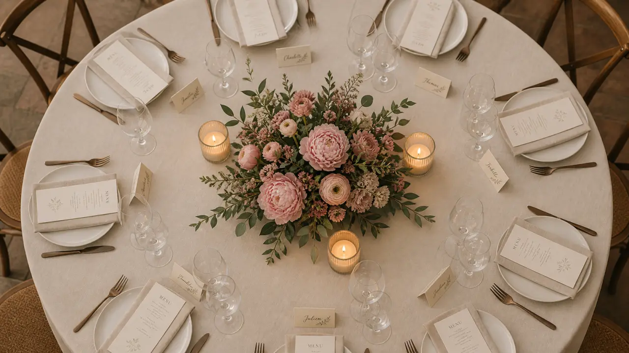 Idée déco table ronde mariage : centre bas fleurs et bougies
